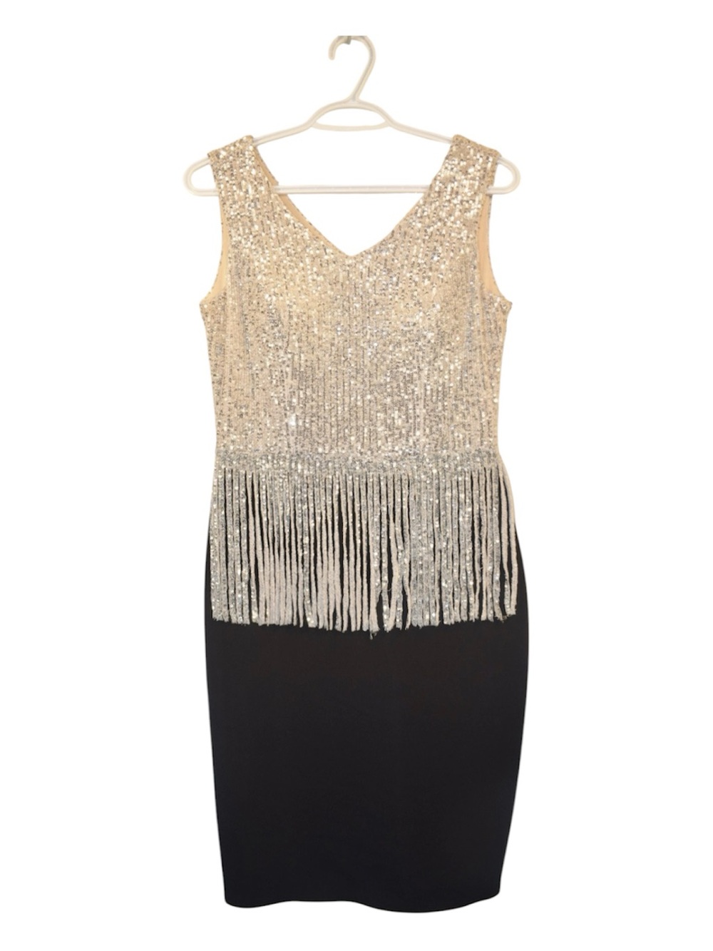 Beaded Fringe V-Neck Sheath Dress - Gold and Black